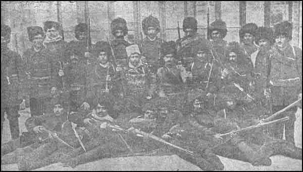 A group of the Hinchak volunteer bandsmen who took part in the fightings at Caucasus against the Ottoman and who commited horrible crimes and atrocities amongst the Mohamedan population of devastated villages and towns. (From the Armenian Daily "Azk" of March 2nd 1915)