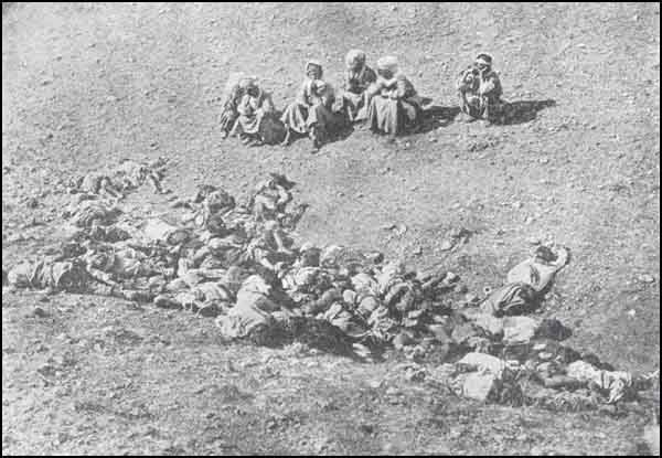 Diyarbakır'ın Şark nahiyesine bağlı Hızır İlyas köyü Mersani deresi (23 Temmuz 1915). Hono ismindeki ermeninin başında bulunduğu çete tarafından hançer ve kurşunla şehit edilen erkek, kadın ve çocuklar.